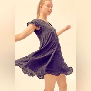 Urban Outfitters Black Ruffled Cap Sleeve Swiss Dot Lined Flowy Mini